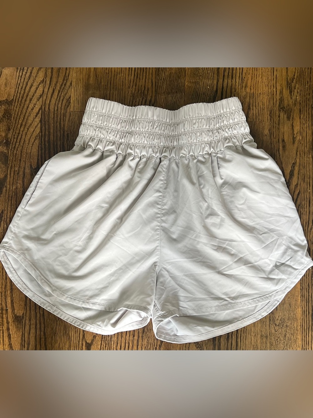 Nike Light Gray High-Waist Athletic Shorts with Smocked Waistband
